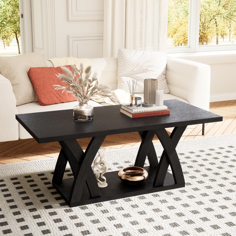 Matte Black Coffee Table X-Base Trestle Design with Storage Shelf