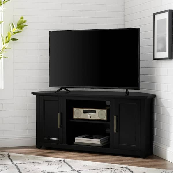 Matte Black Corner TV Stand, Asymmetric Storage Doors