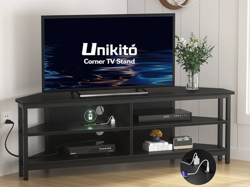 Matte Black Corner Tv Stand with Integrated Power Strip and USB Ports.
