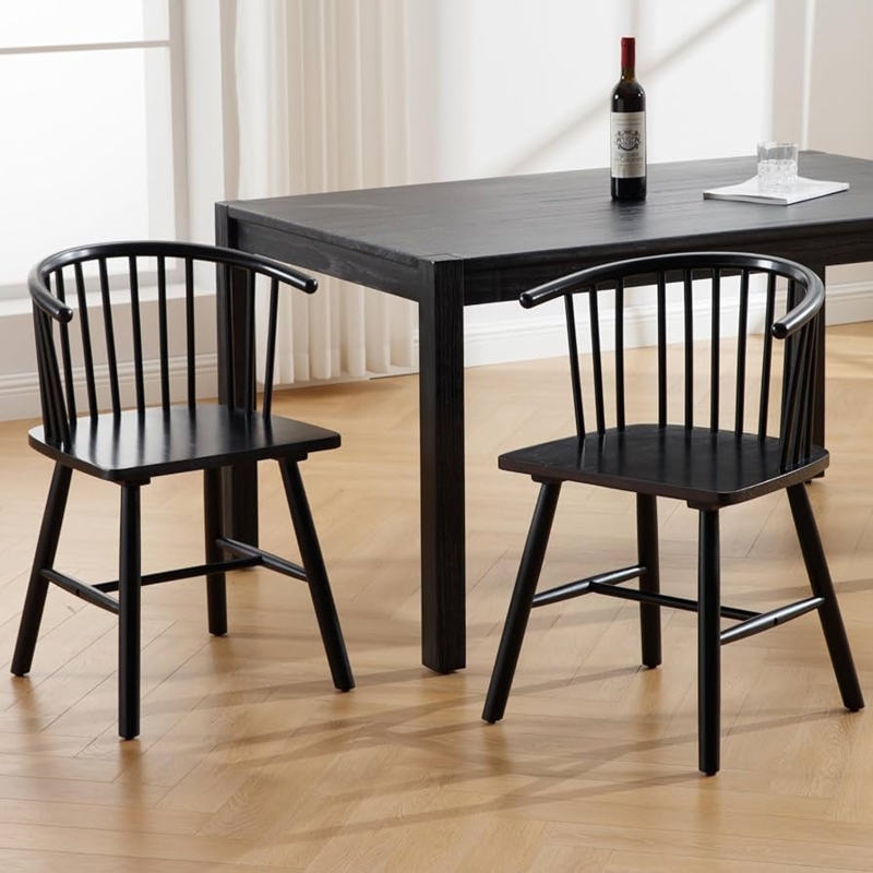 Matte Black Dining Chair with Curved Armrests and Spindle Back
