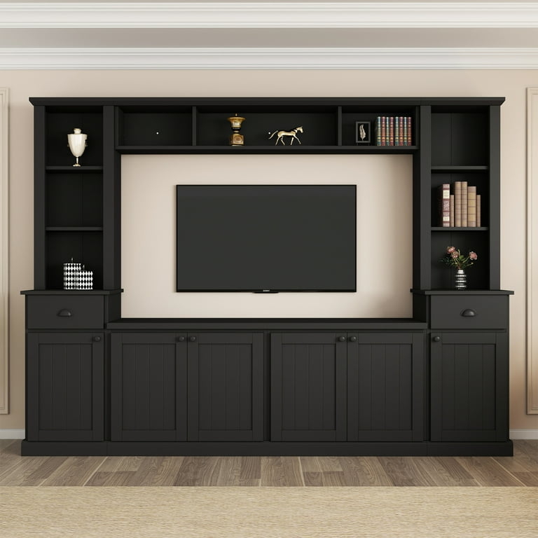 Matte Black Entertainment Center, Shaker Doors & Bridge Shelf