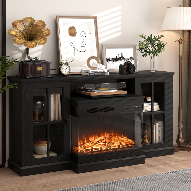 Matte Black Fireplace TV Stand Window Pane Cabinet Doors Transitional