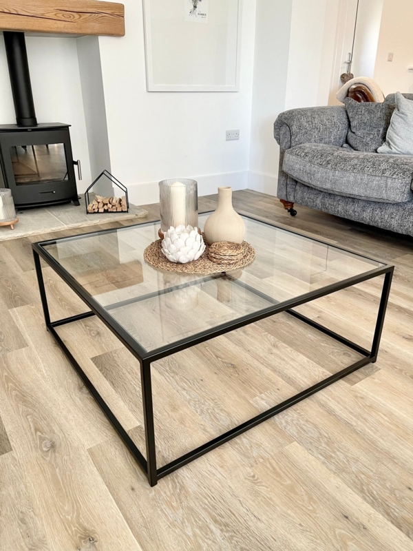 Matte Black Frame Square Glass Coffee Table with Minimalist Silhouette