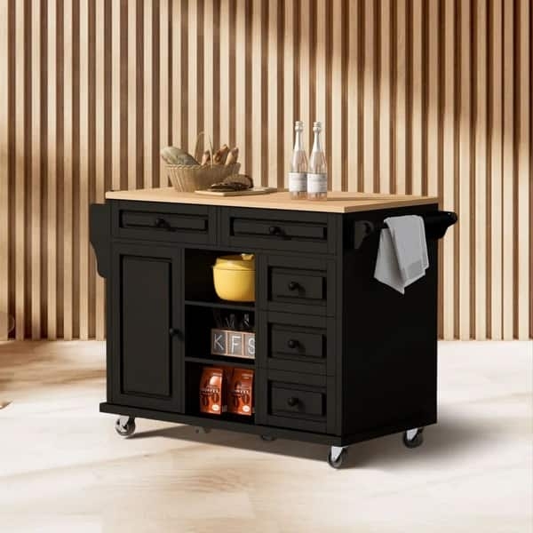 Matte Black Kitchen Cart with Five Drawers and Open Shelving Storage