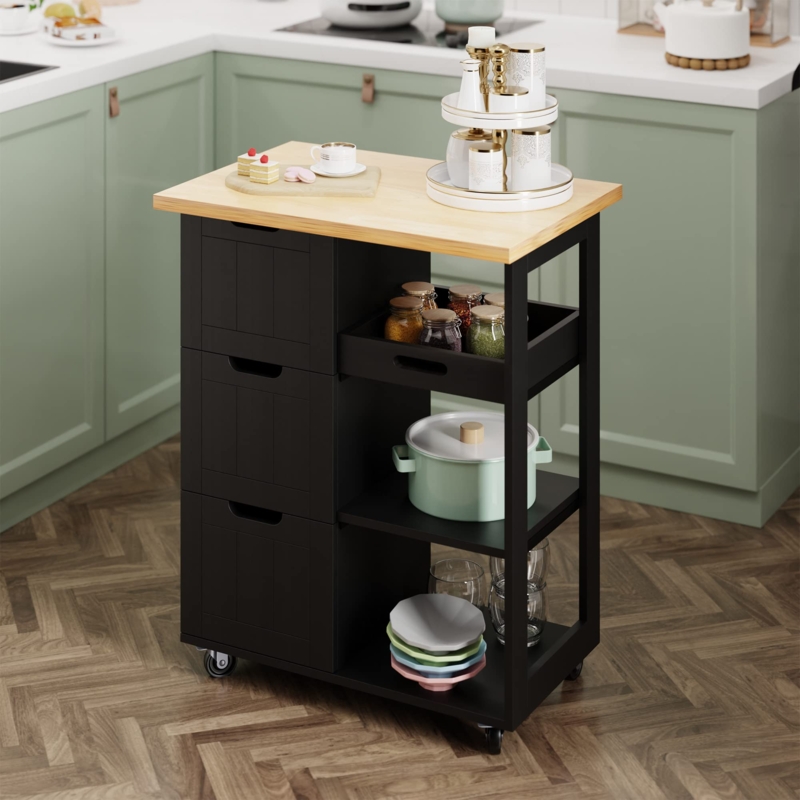 Matte Black Kitchen Cart with Open Tray Shelf and Three Drawers