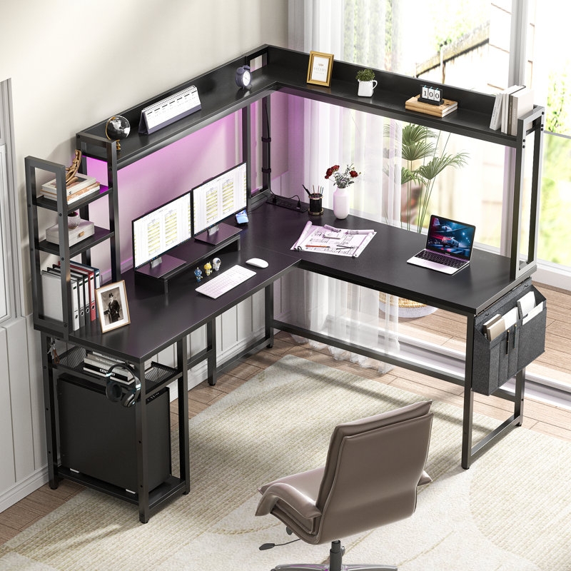 Matte Black L-Shaped Desk with LED Lights & Hutch Shelving