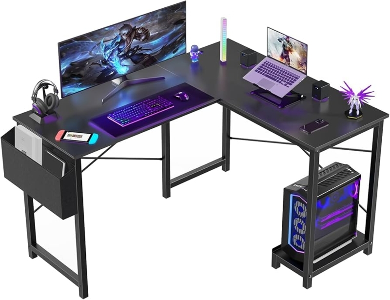 Matte Black L-Shaped Gaming Desk with Side Storage Bag and CPU Stand