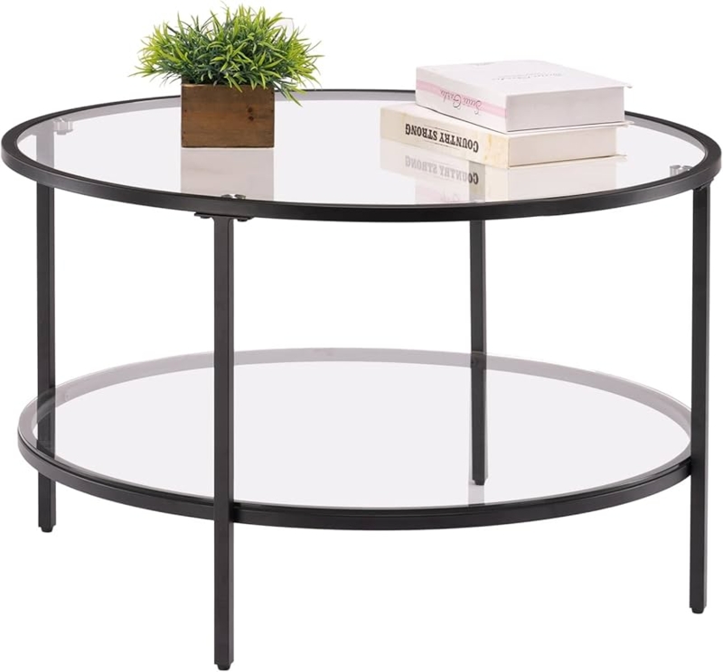 Matte Black Lacquer Coffee Table with Two-Tier Clear Glass Surface