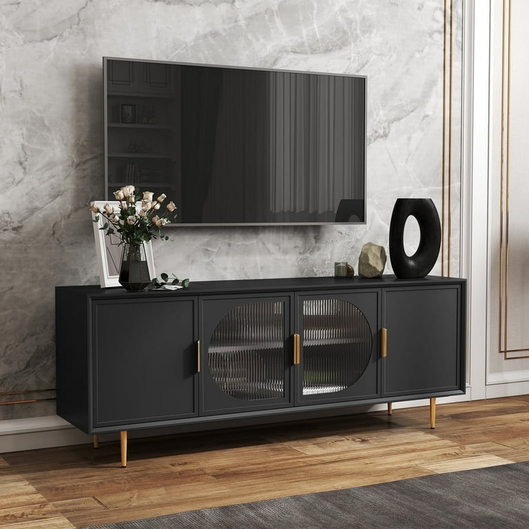 Matte Black Media Console with Circular Reeded Glass and Gold Legs