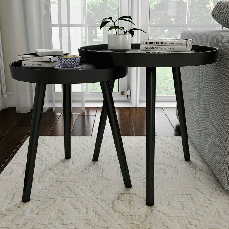 Matte Black Nesting End Tables with Tray Tops and Tapered Legs
