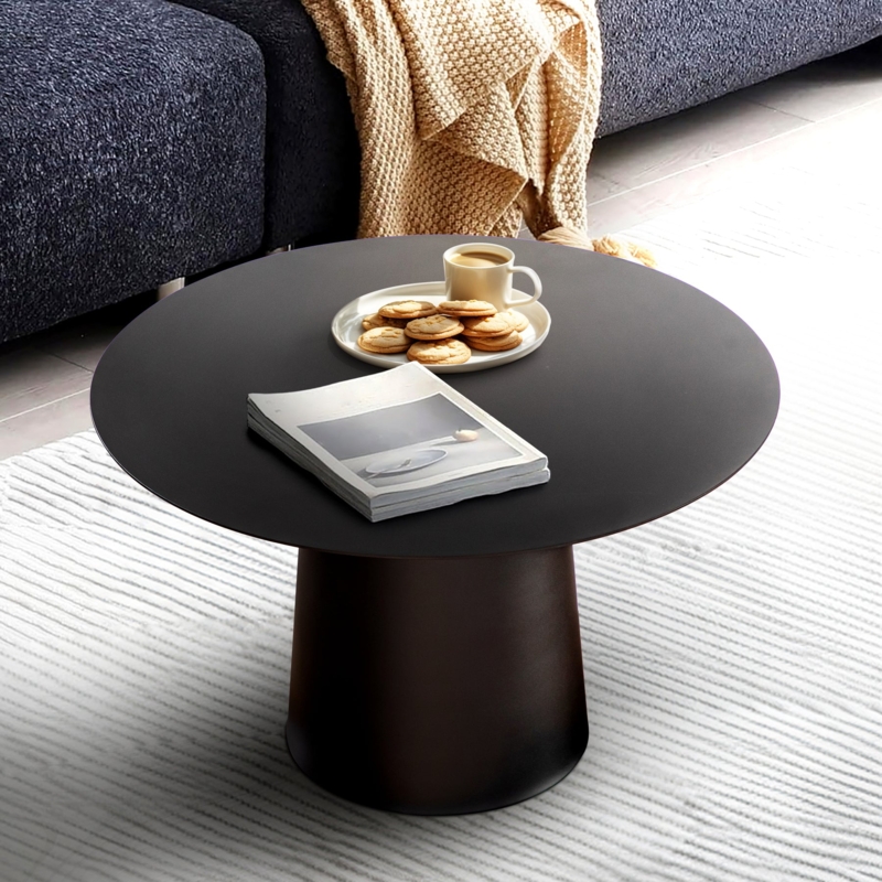 Matte Black Pedestal Coffee Table, Slim Round Top Modern Minimalist