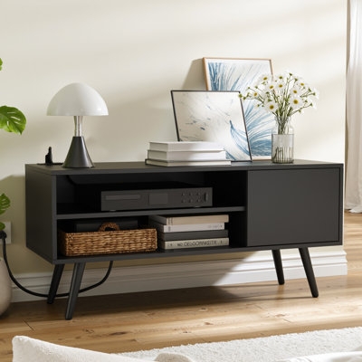 Matte Black TV Stand Charging Station Tapered Legs