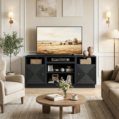 Matte Black TV Stand featuring Geometric Carved Door Panels