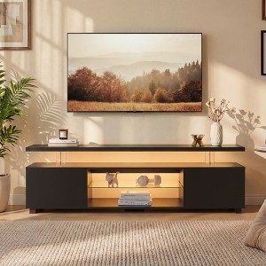 Matte Black TV Stand: Low Profile Design with Floating Shelf and LED