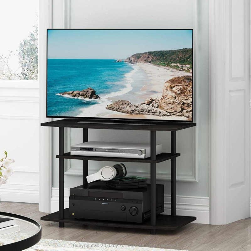 Matte Black TV Stand Three Tier Open Shelving Minimalist Media Console