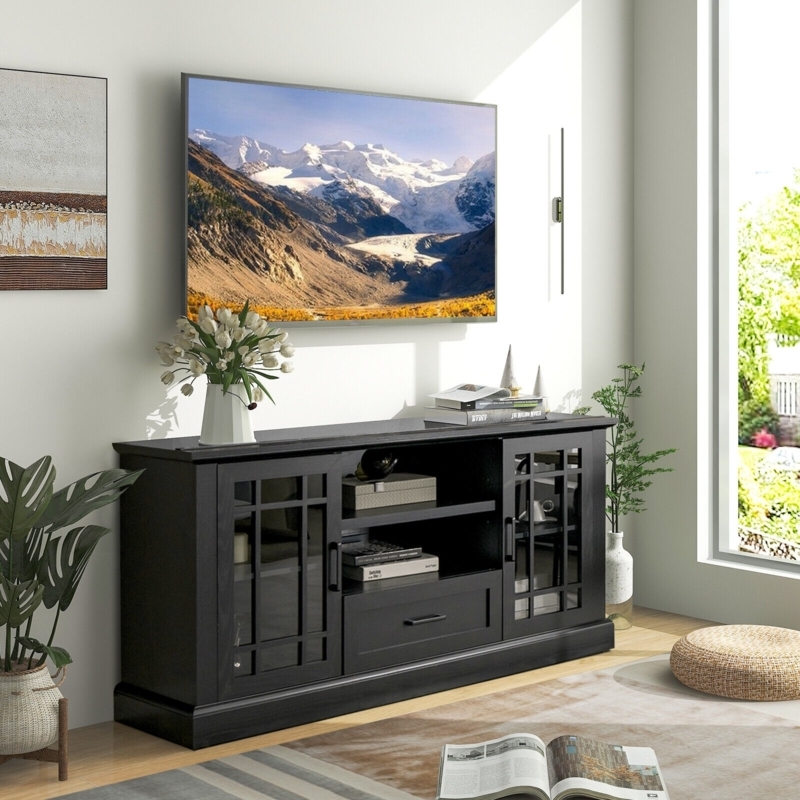 Matte Black TV Stand with Windowpane Glass Doors