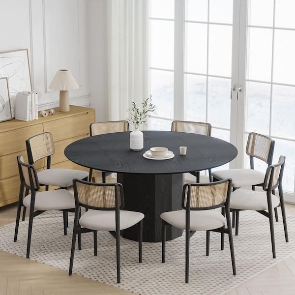 Matte Black Wood Grain Round Dining Table with Column Pedestal Base