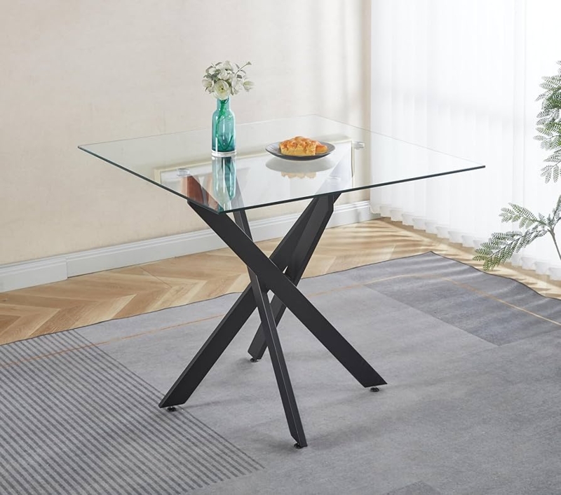 Matte Black X-Base Dining Table Square Glass Top Geometric Legs