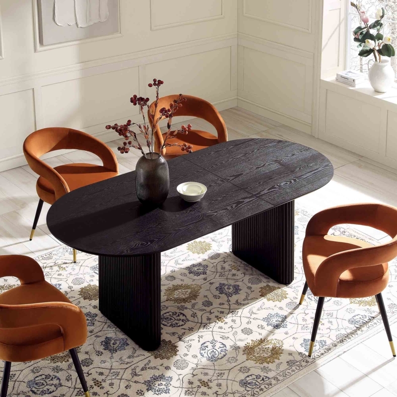 Matte Oval Dining Table with Ribbed Pedestal Base