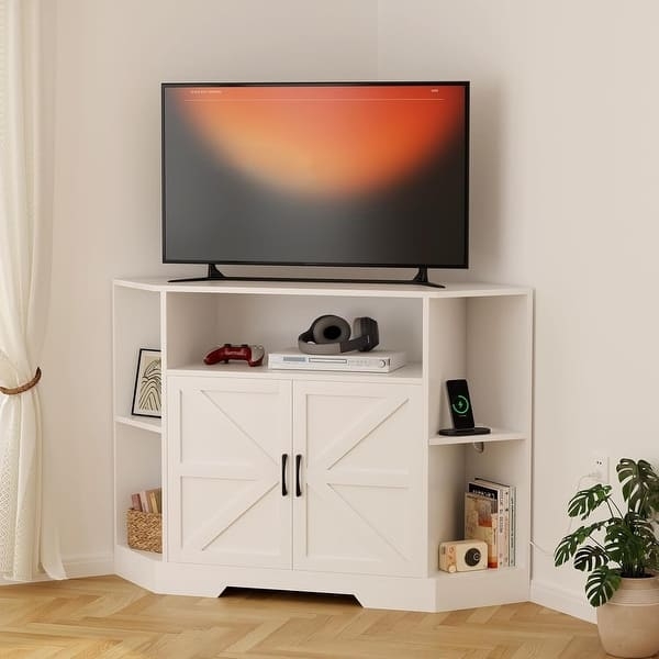 Matte White Corner TV Stand Barn Door Front Open Side Shelving