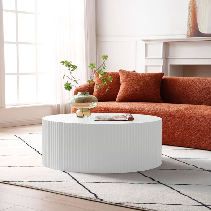 Matte White Fluted Coffee Table with Cylindrical Drum Base