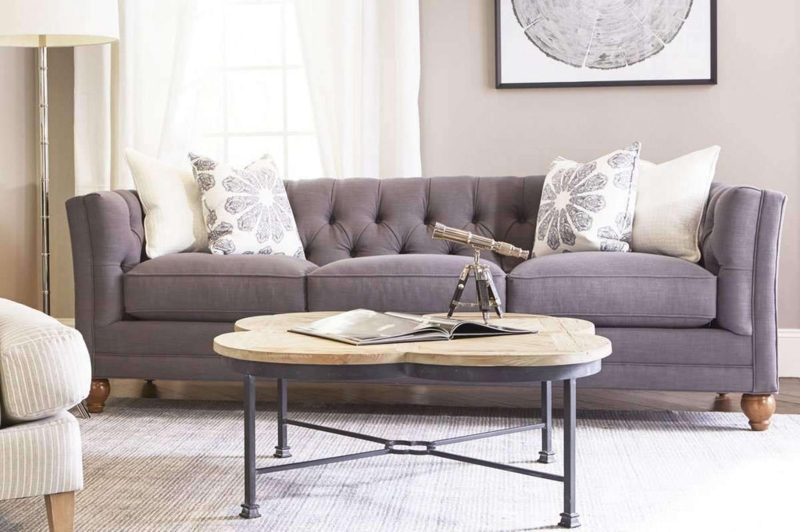 Mauve Tufted Sofa with Rolled Arms in Formal Transitional Style