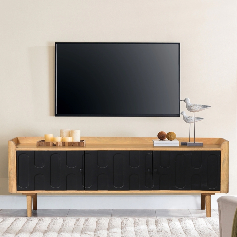 Media Console Carved Black Doors Two-Tone Finish Two-Tone TV Stand