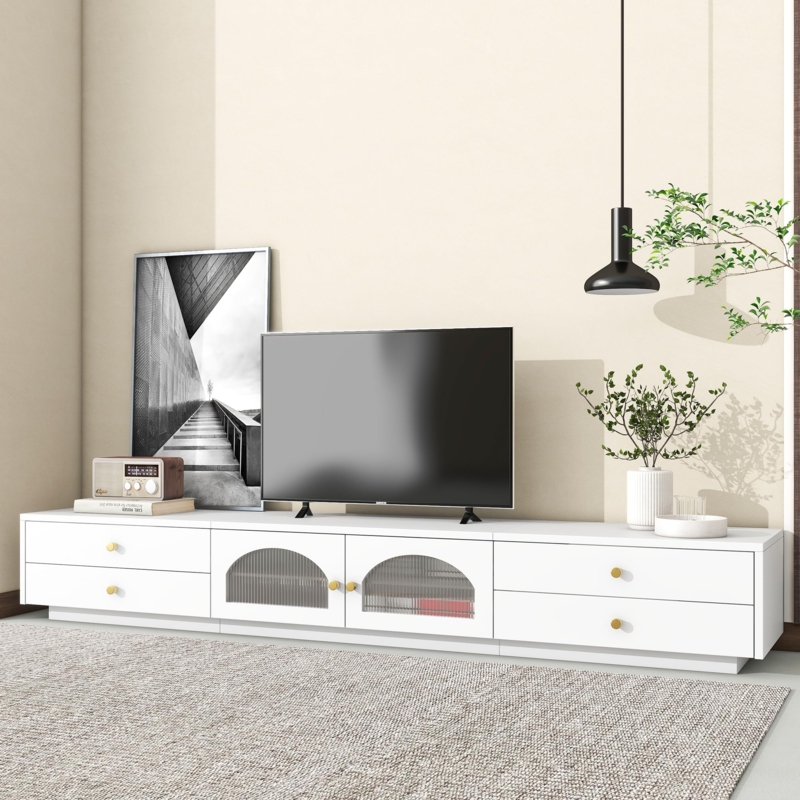 Media Console Extra Long White Fluted Glass Arched Doors