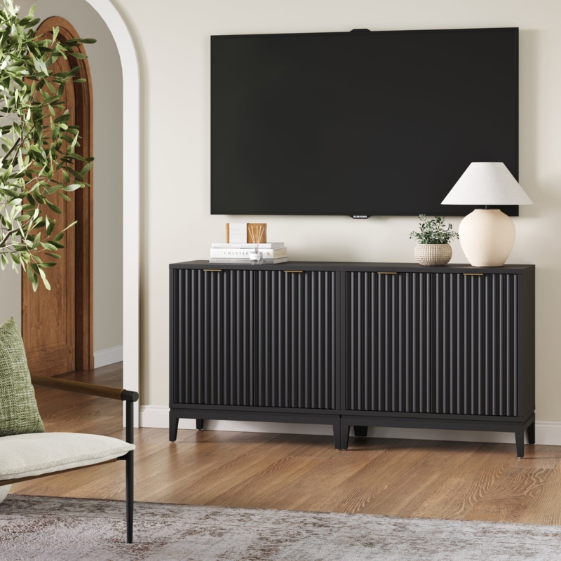 Media Console Ribbed Front Gold Pulls Ribbed Media Console