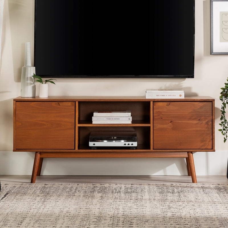 Media Console Sliding Doors Cutout Handles Open Shelving Walnut