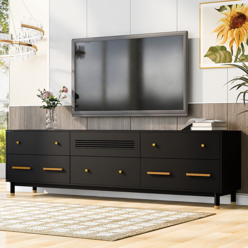Media Console with Gold Hardware Accents and Slatted Panel.