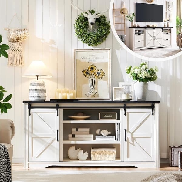 Media Console with Tall 32-Inch Height, Sliding Doors, and Oak Finish