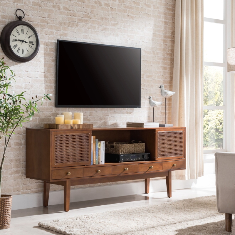 Media Console with Woven Door Fronts, Five Drawers, Mid Century Style.