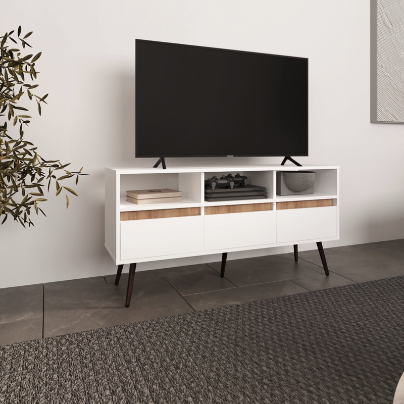 Media Console Wood Accents Tapered Legs White Frame