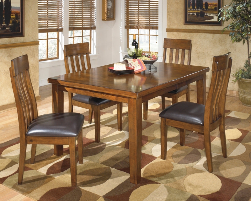 Medium Brown Wood Dining Set featuring Slat Back Chairs and Dark Seats