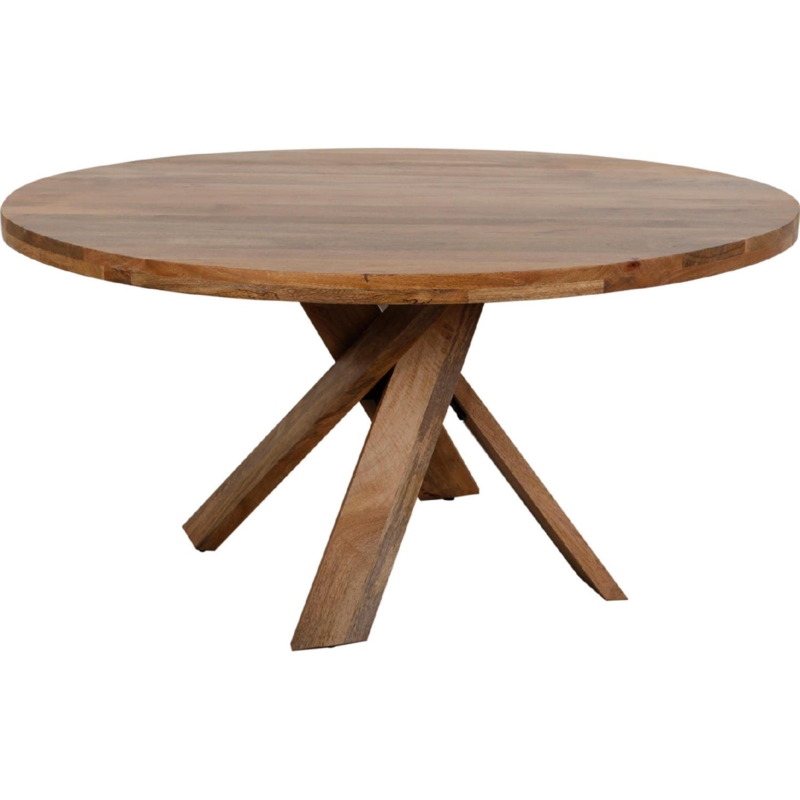 Medium Brown Wood Round Dining Table with Interlocking Angled Legs