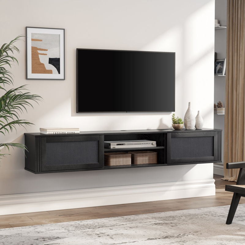 Mesh Door Media Console Two Tier Shelf Floating Design