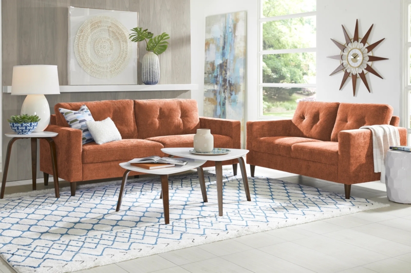 Mid-Century Burnt Orange Sofa Set with Button Tufting