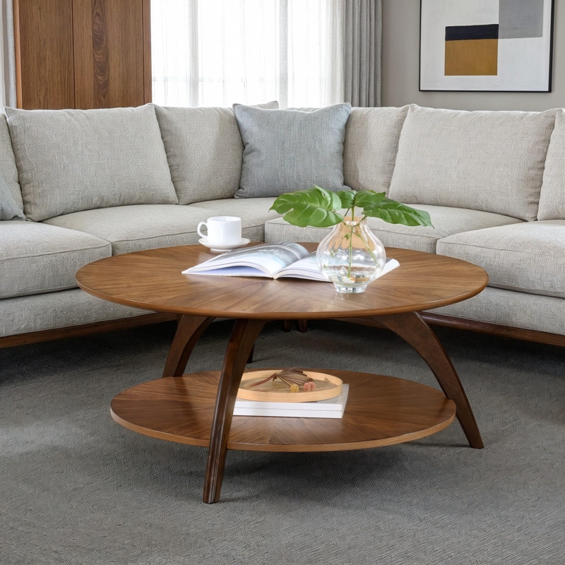 Mid Century Cocktail Table, Nutmeg Brown Arched Legs and Lower Shelf