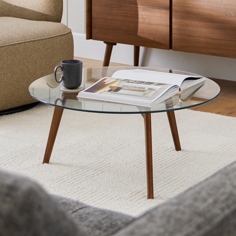 Mid-Century Coffee Table with Glass Top and Walnut Tripod Legs