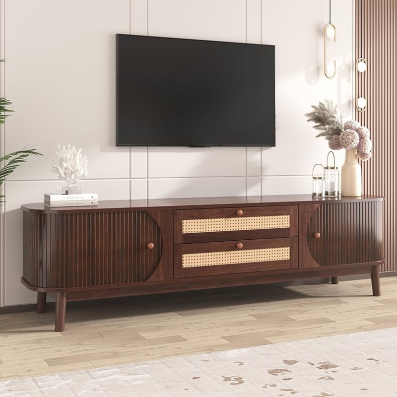 Mid-Century Console with Ribbed Doors & Cane Drawers