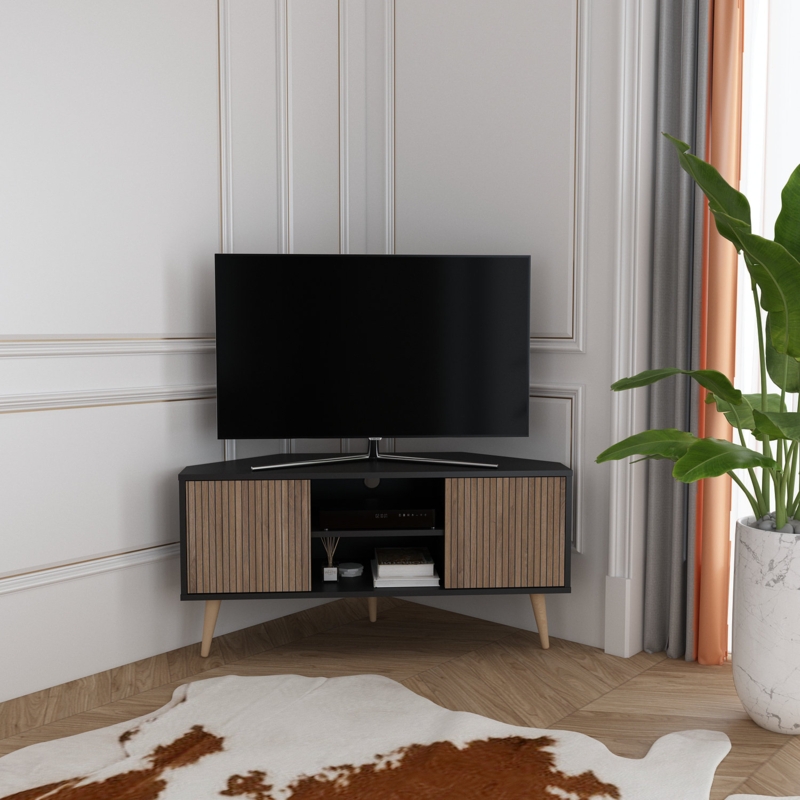 Mid-Century Corner TV Stand Black Ribbed Doors Tapered Legs