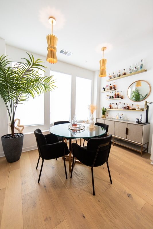 Mid-Century Dining And Bar Glass Round Table Gold Sculptural Pendants