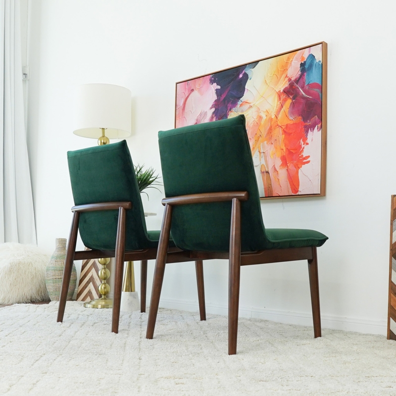 Mid Century Dining Chair Moss Green Velvet Sculptural Wood Frame