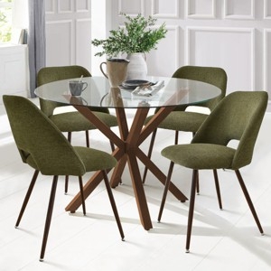 Mid-Century Dining Set: Round Glass Table, Walnut Base, Green Cutout Chairs