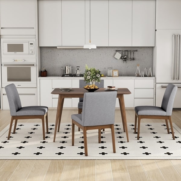 Mid-Century Dining Set Splayed Legs Gray Upholstered Chairs Wood Table