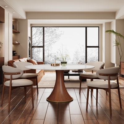 Mid-Century Dining Set: Walnut Round Table with Splayed Pedestal Legs