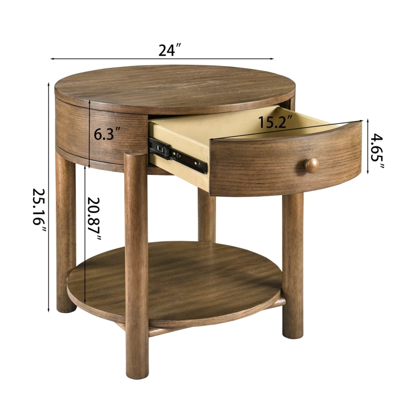 Mid Century End Table Natural Wood Cylindrical Legs Lower Shelf