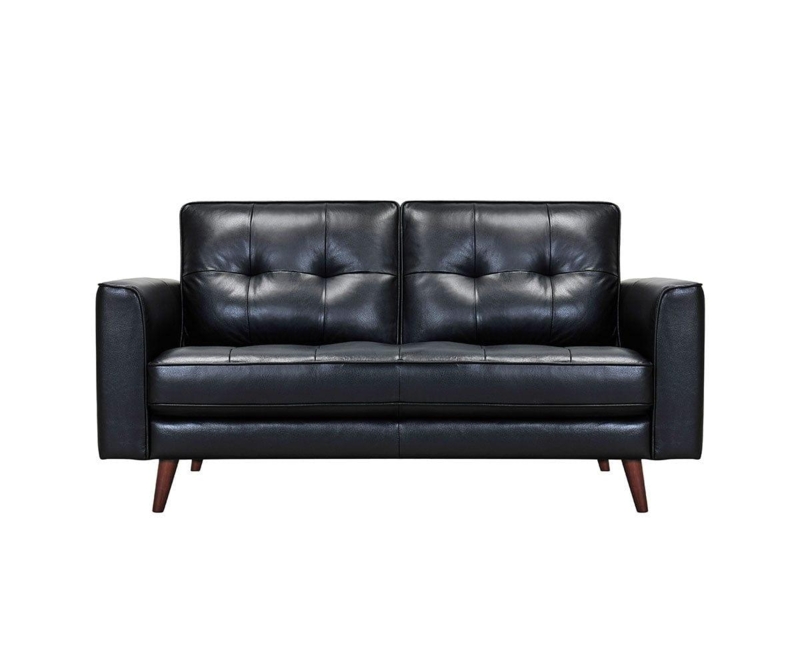 Mid-Century Leather-Like Loveseat, Tufted Back, Track Arms, Tapered Legs.