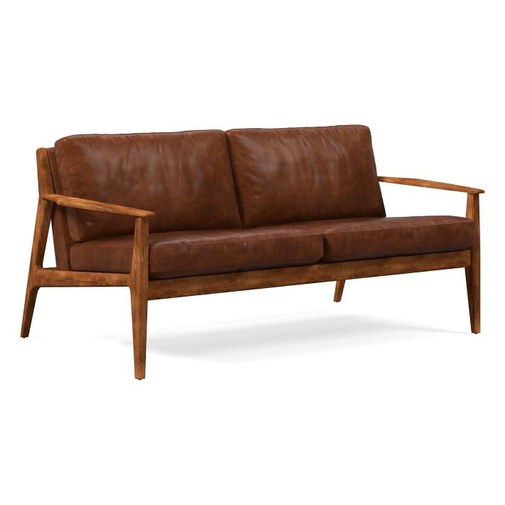 Mid-Century Leather Sofa, Brown Leather-Like Exposed Wood Frame